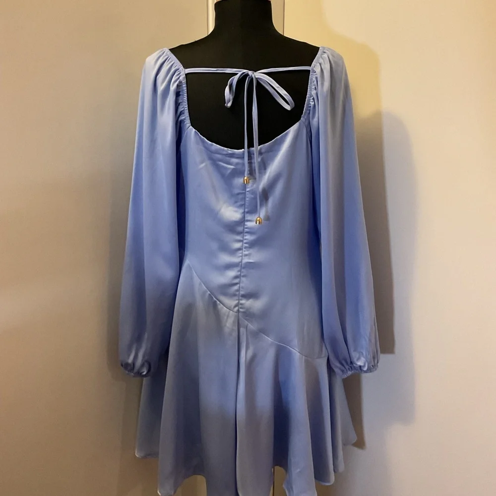 SHEIN Baby Blue Asymmetrical Balloon Sleeve Dress L Large Ruffle Square Neck - Picture 8 of 10